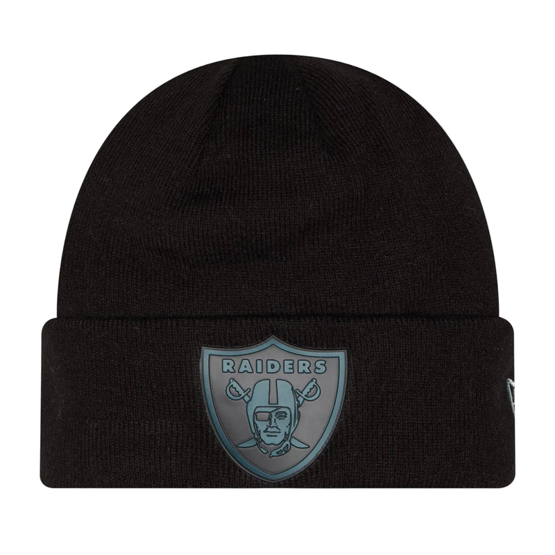 Load image into Gallery viewer, Black cuffed New Era Raiders beanie with a Chrome Raiders logo patch on the cuff
