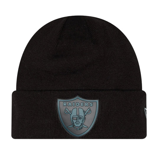 Black cuffed New Era Raiders beanie with a Chrome Raiders logo patch on the cuff