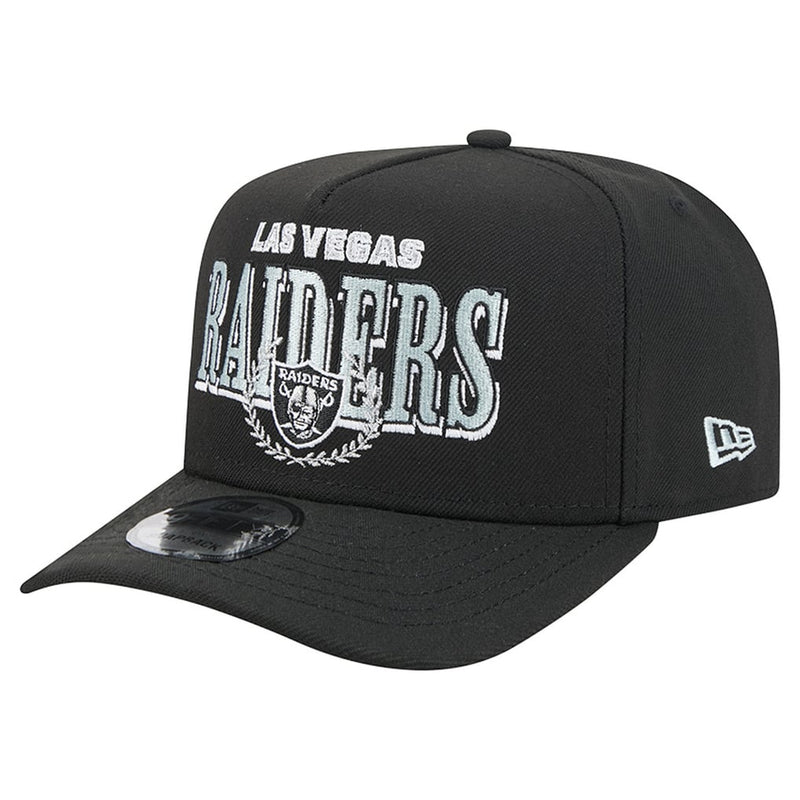 Load image into Gallery viewer, Black New Era 9fifty A-frame Raiders snapback with "Las Vegas Raiders" in block lettering on the front panel
