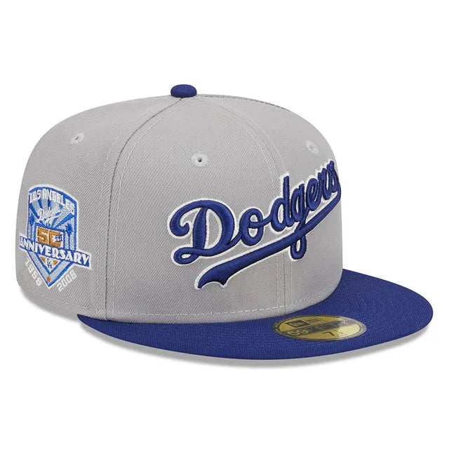 Load image into Gallery viewer, Gray and blue baseball cap with 'Dodgers' logo on a white background
