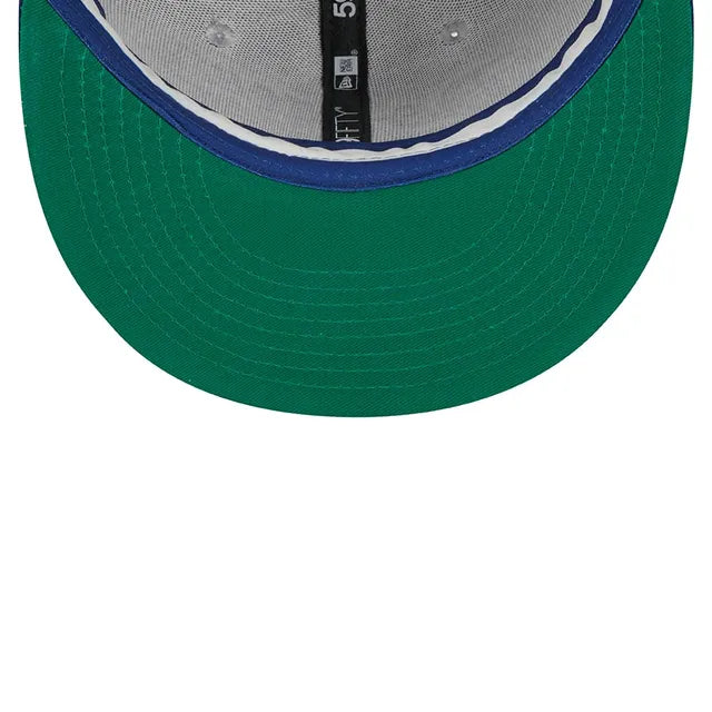 Load image into Gallery viewer, Green undervisor of a baseball cap with a close-up of the retro-style sweatband on a white background
