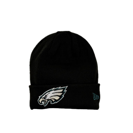 New Era Reverse NFL Eagles Beanie flipped inside out to show the black beanie with an Eagles logo on the cuff. 