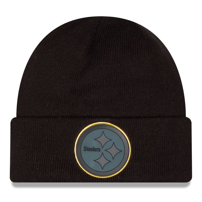 Load image into Gallery viewer, Black cuffed New Era Steelers beanie with a chrome Steelers logo patch on the cuff
