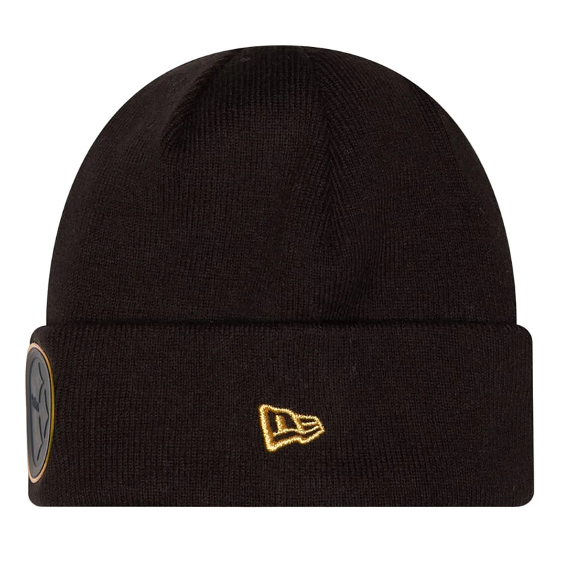Load image into Gallery viewer, Side view of a black cuffed Steelers beanie with a gold New Era logo sewn into the cuff
