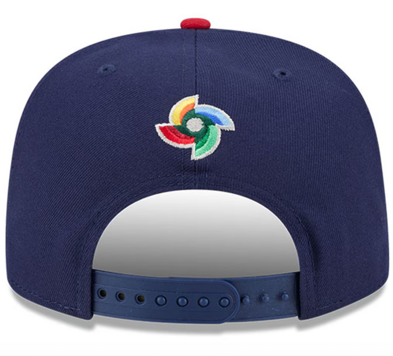 Load image into Gallery viewer, Navy blue cap with a colorful logo on the back against a white background

