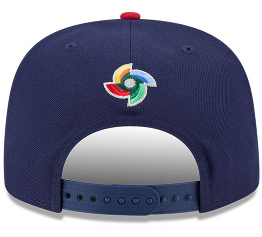 Navy blue cap with a colorful logo on the back against a white background