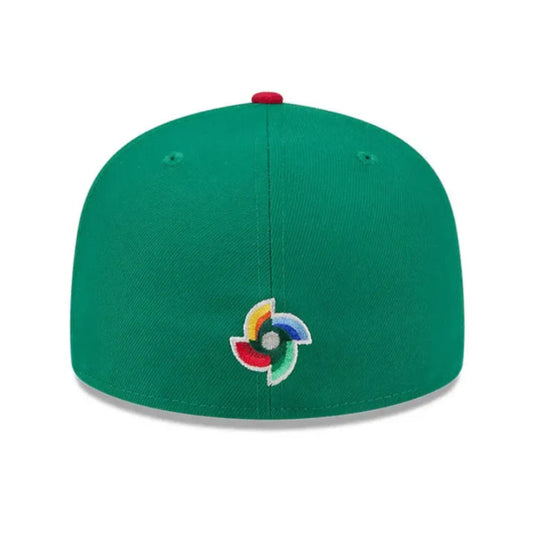Green cap with a colorful logo on a white background