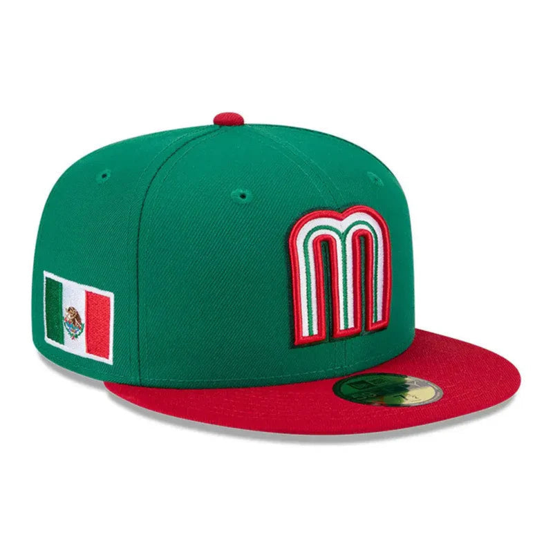 Load image into Gallery viewer, Green cap with a red visor. Embroidered 'M' on the front and a Mexico flag patch on the side
