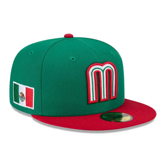 Green cap with a red visor. Embroidered 'M' on the front and a Mexico flag patch on the side