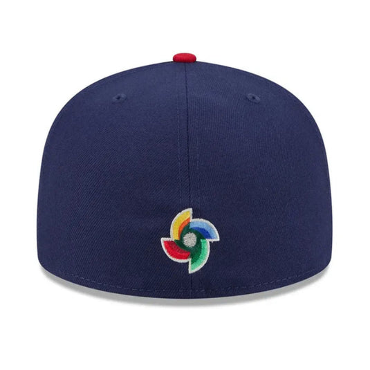 Navy blue cap with a colorful logo on the back against a white background