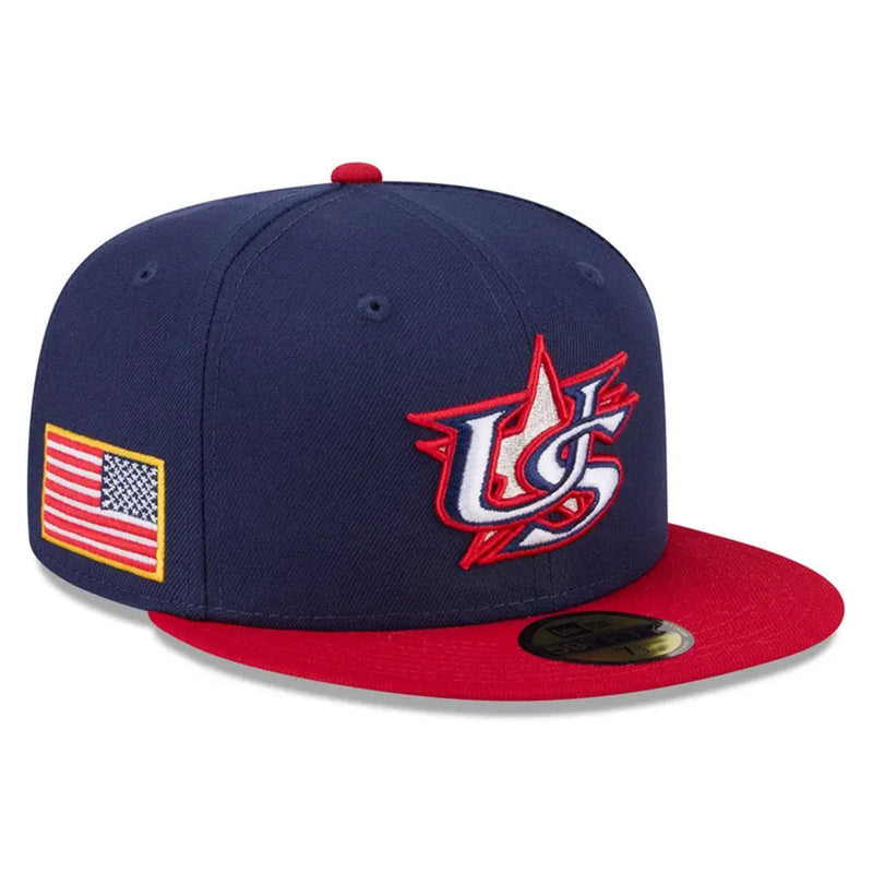 Load image into Gallery viewer, Navy and red baseball cap with USA logo and American flag on a white background
