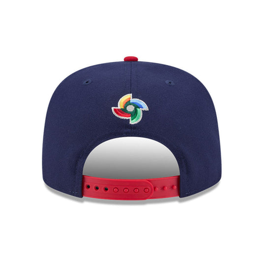 Navy blue cap with a colorful logo on the back against a white background
