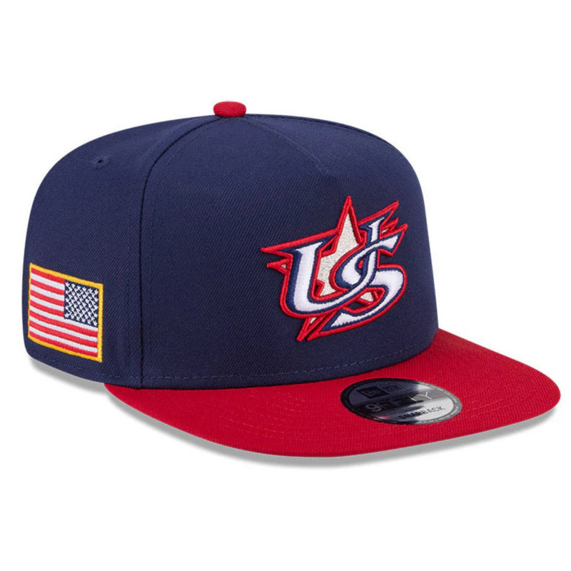 Load image into Gallery viewer, Navy and red cap with U.S. logo and American flag patch on a white background

