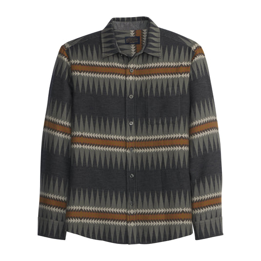 Sawtooth patterned gray shirt on a white background