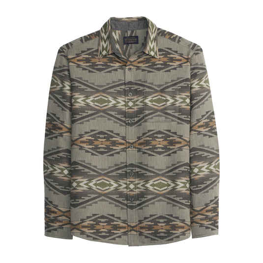 Long-sleeve shirt with geometric pattern on a white background