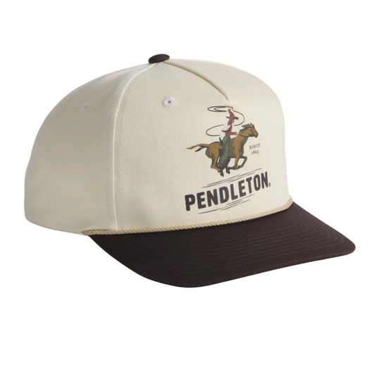 Beige and brown snapback cap with Pendleton logo printed on the front panel with a capatain cord across the top of the brim. 