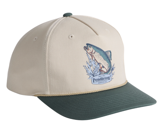 Beige and green snapback cap with fish design and 'Pendleton' printed logo on the front center panel. Captain cord across the top of the brim.