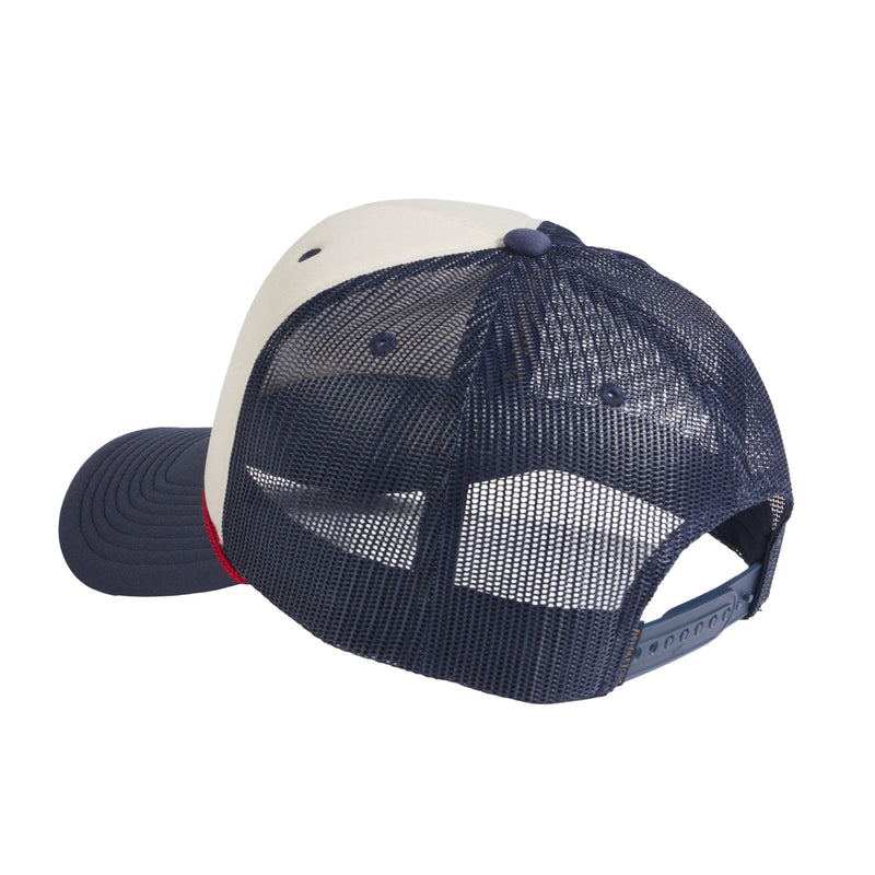 Load image into Gallery viewer, Blue and white cap with mesh back on a white background
