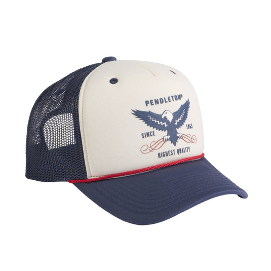 Trucker hat with navy and white design on a white background