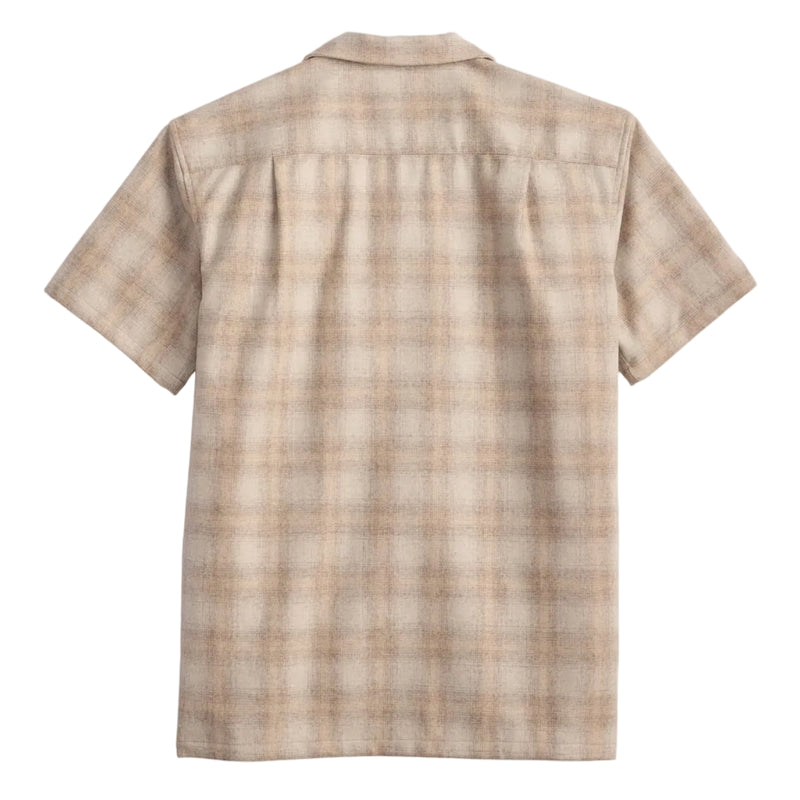 Load image into Gallery viewer, A short-sleeve button-up shirt with a beige and light brown plaid pattern, shown from the back on a clean off-white background.
