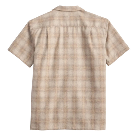 A short-sleeve button-up shirt with a beige and light brown plaid pattern, shown from the back on a clean off-white background.