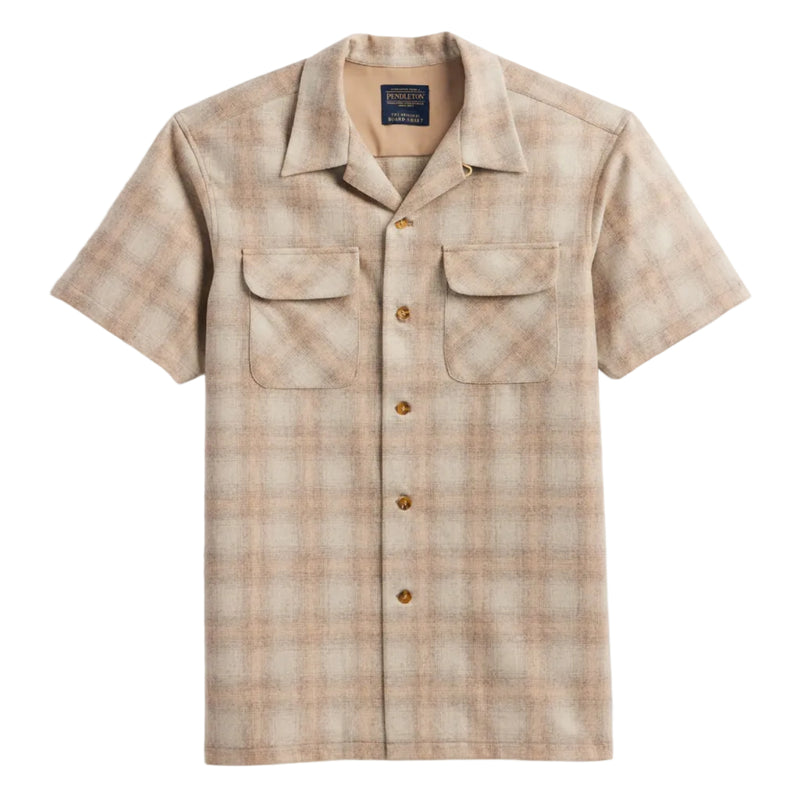 Load image into Gallery viewer, A short-sleeve button-up shirt with a beige and light brown plaid pattern, featuring two chest flap pockets and brown buttons, displayed flat against a light off-white background.
