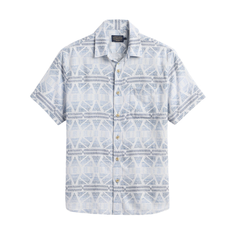 Load image into Gallery viewer, Short-sleeve button up shirt with geometric pattern on a white background
