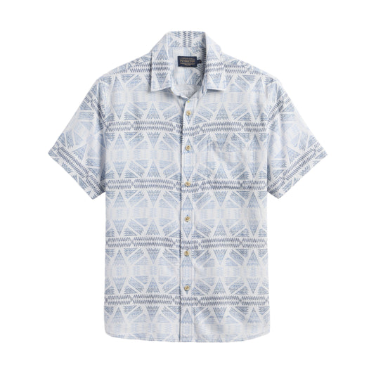 Short-sleeve button up shirt with geometric pattern on a white background