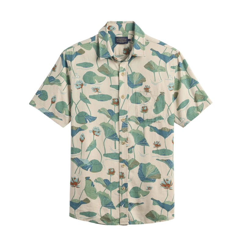 Load image into Gallery viewer, Short-sleeve shirt with nature-themed pattern on a white background
