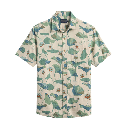Short-sleeve shirt with nature-themed pattern on a white background