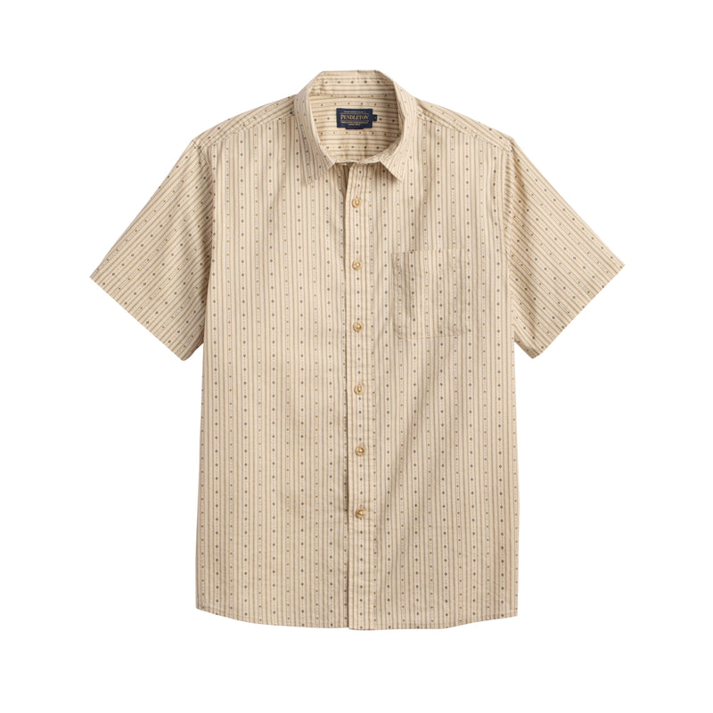 Load image into Gallery viewer, A short-sleeve button-up shirt in beige with a fine vertical striped pattern, displayed flat against a solid white background.
