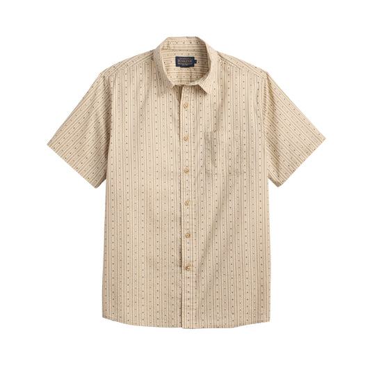 A short-sleeve button-up shirt in beige with a fine vertical striped pattern, displayed flat against a solid white background.
