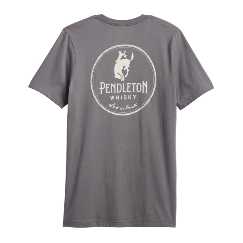 Load image into Gallery viewer, Light Gray shirt with a circular graphic of a cowboy and 'Pendleton Whisky' printed on the back
