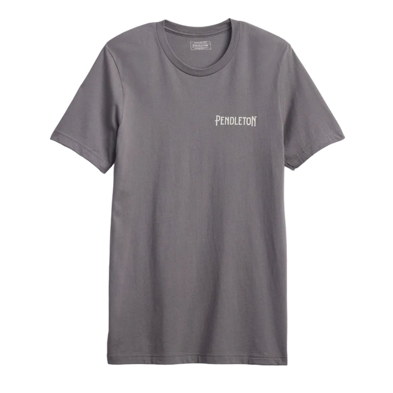 Load image into Gallery viewer, A dark gray crewneck t-shirt with the brand name 'PENDLETON' printed in white on the left chest, displayed against a light off-white background.
