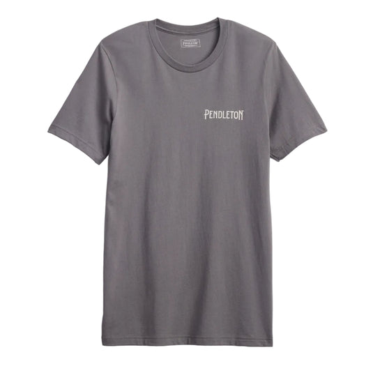A dark gray crewneck t-shirt with the brand name 'PENDLETON' printed in white on the left chest, displayed against a light off-white background.