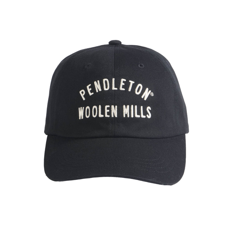 Load image into Gallery viewer, A black baseball cap with 'PENDLETON WOOLEN MILLS' embroidered in white on the front, shown against a plain white background.

