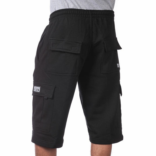 Black cargo sweat shorts with multiple pockets on a white background