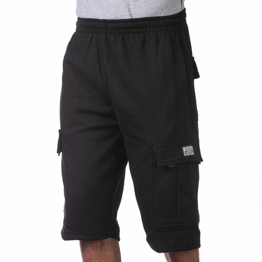 Black cargo sweat shorts with two side pocket worn by a person on a white background