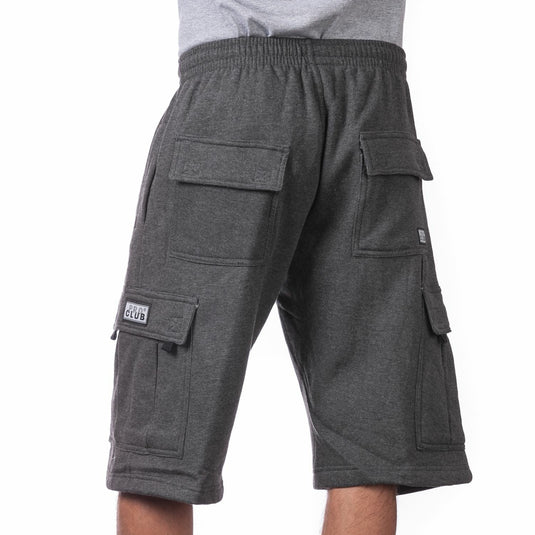 Charcoal Gray cargo sweat shorts worn by a person on a white background