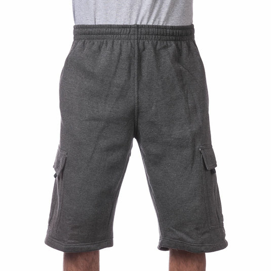 Charcoal Gray cargo sweat shorts worn by a person on a white background
