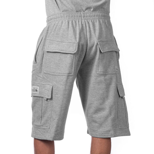 Gray cargo sweat shorts with multiple pockets on a white background