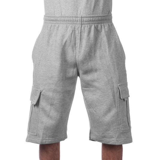 Gray cargo sweat shorts on a white background
