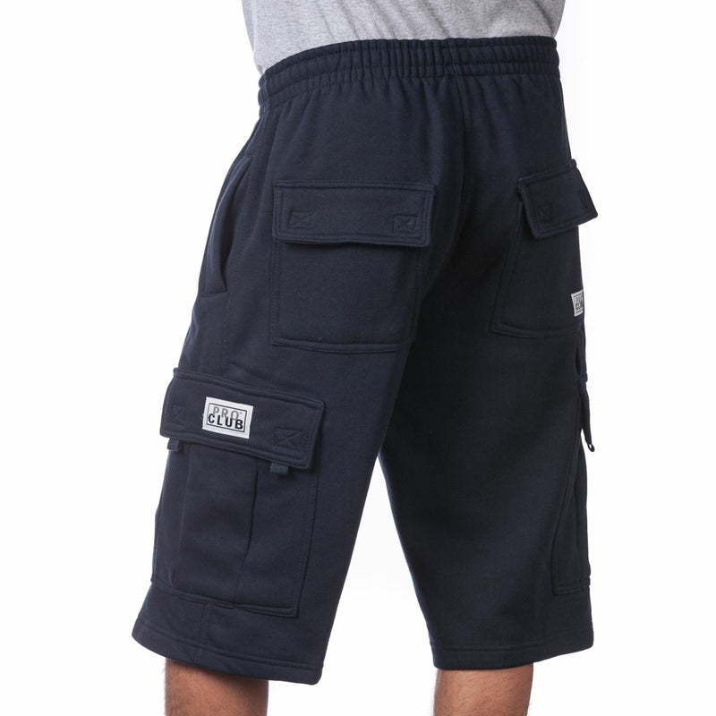 Load image into Gallery viewer, Navy cargo sweat shorts with multiple pockets on a white background
