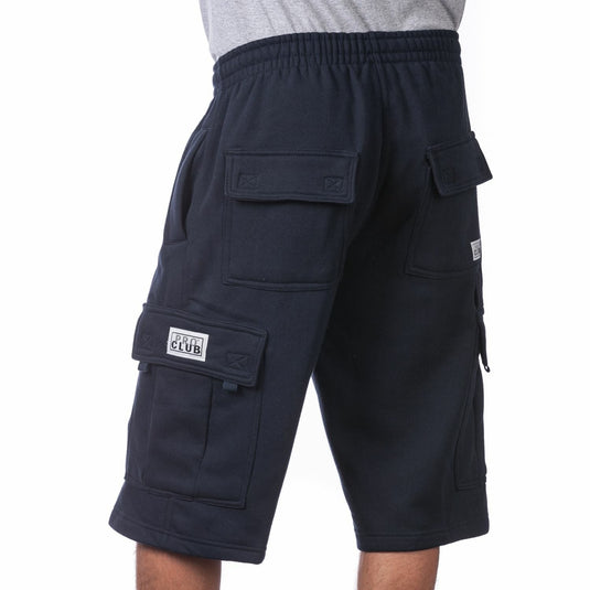 Navy cargo sweat shorts with multiple pockets on a white background