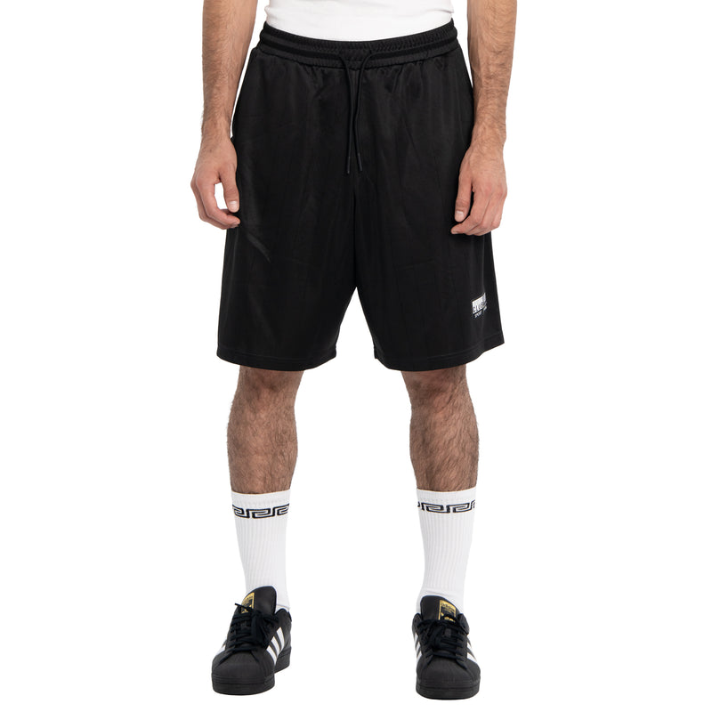 Load image into Gallery viewer, Person wearing black shorts with a brand logo on a white background
