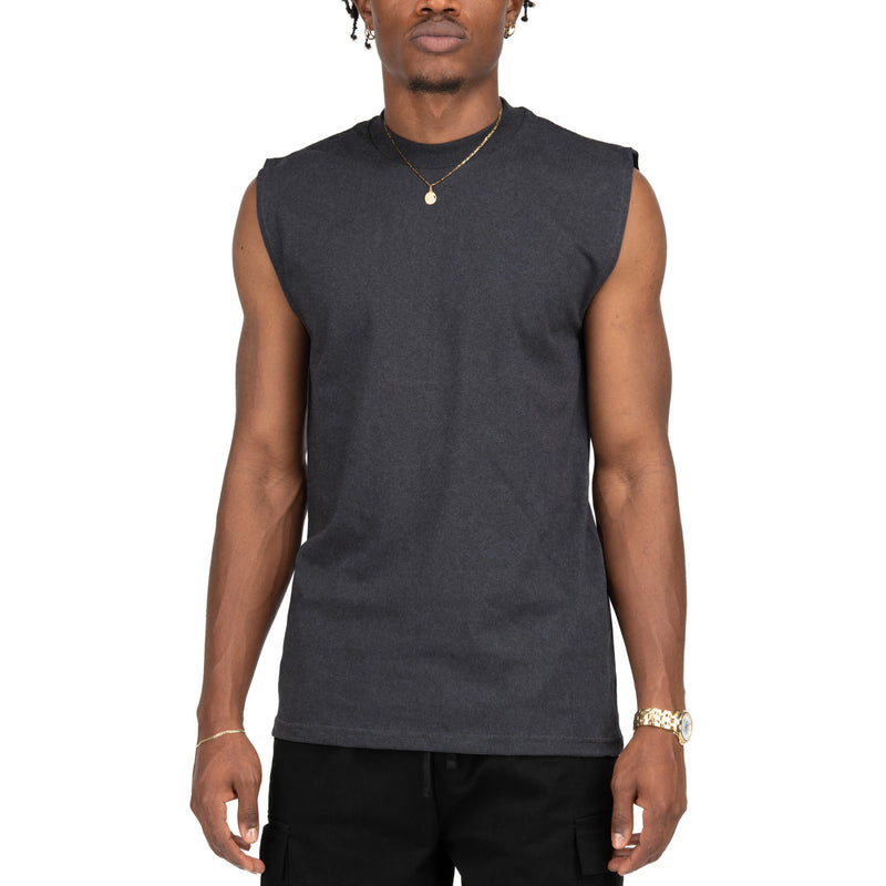 Load image into Gallery viewer, Man wearing a dark gray sleeveless shirt on a white background
