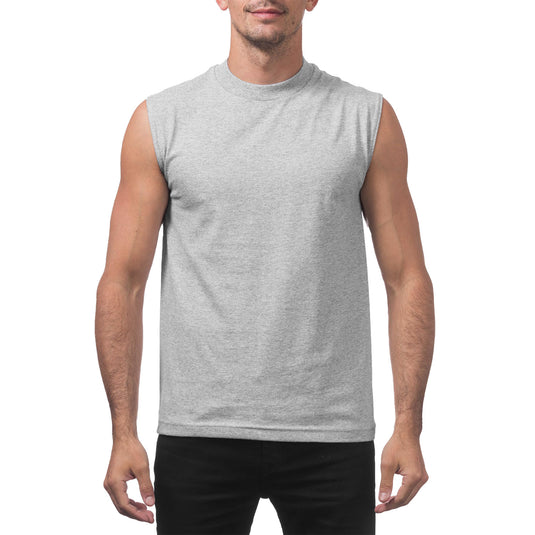 Man wearing a light gray sleeveless shirt on a white background