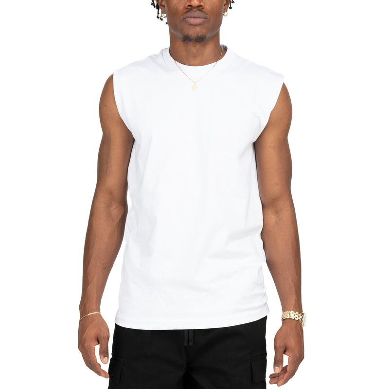 Load image into Gallery viewer, Man wearing a white sleeveless shirt on a white background
