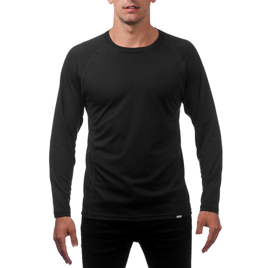 Person wearing a black long-sleeve athletic shirt on a white background