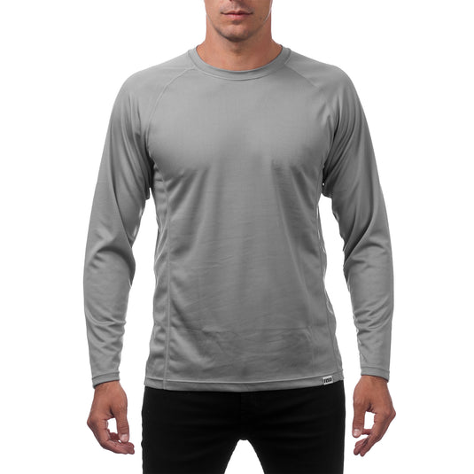Gray long-sleeve shirt worn by a person on a white background